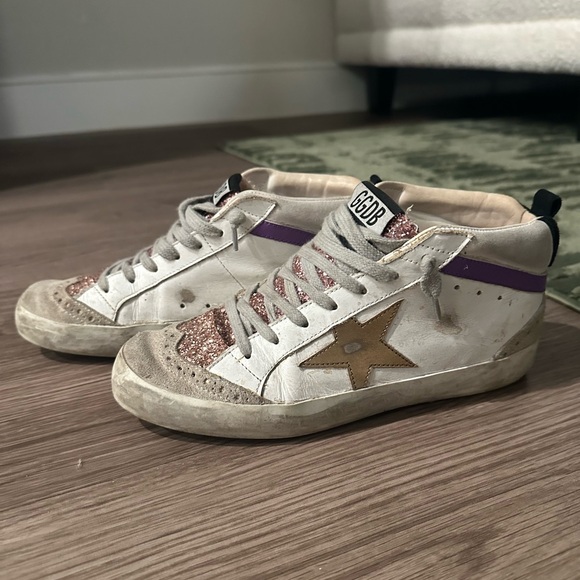 Golden Goose White and Gold Star Sneakers with Pink Glitter - Picture 1 of 4